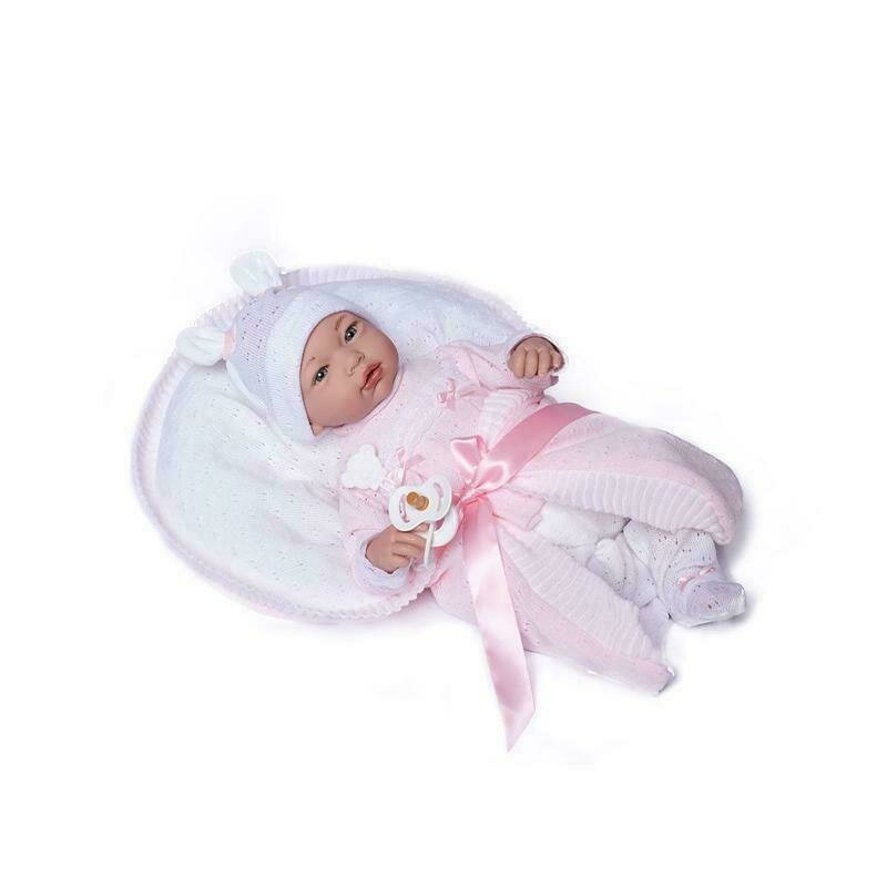 Guca - papusa bebe realist reborn julia cu pernuta alb-roz tricot 46 cm