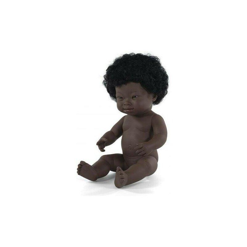 Miniland - papusa bebelus fetita africana 38 cm, cu sindrom down