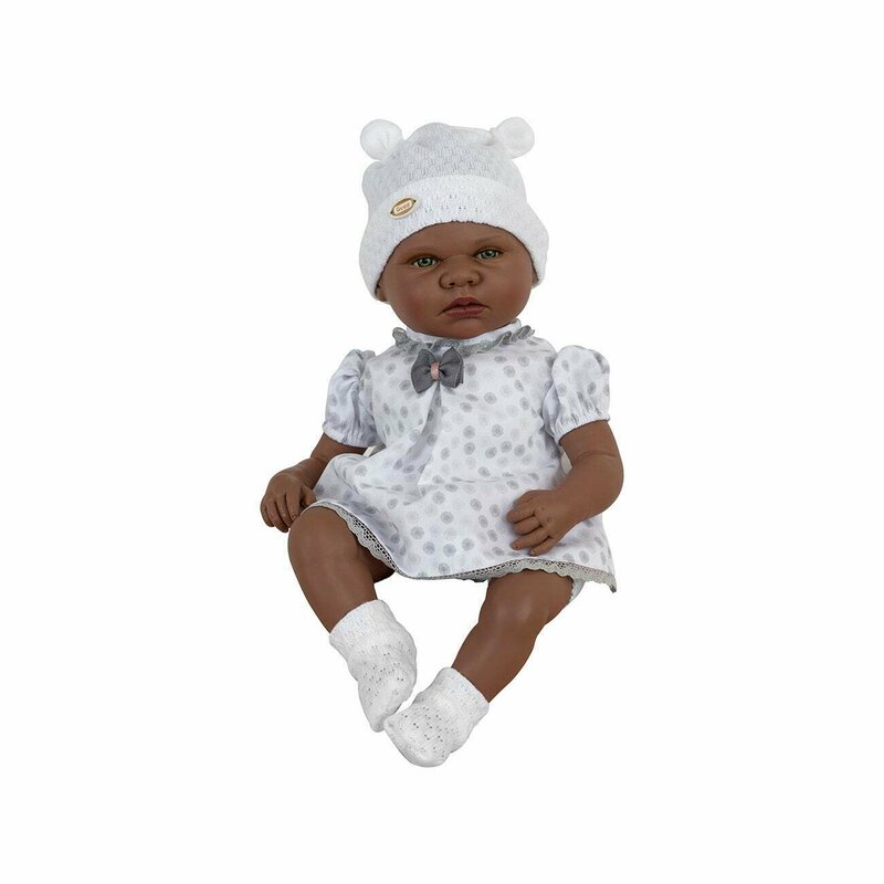 Guca - papusa fetita negresa, sasha cu hainute albe, cu mecanism de ras, 46 cm,