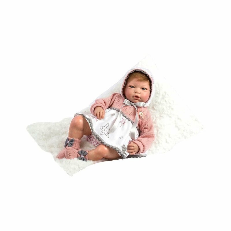 Guca - papusa reborn, fetita macarena cu par saten si rochita alb cu roz, 46 cm,