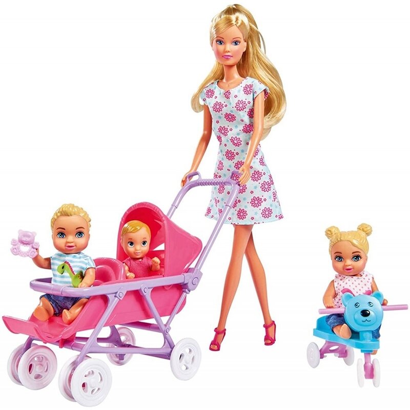 Simba - papusa steffi love baby world cu accesorii, 29 cm, cu 2 copii, cu 1 bebelus, in rochie cu floricele