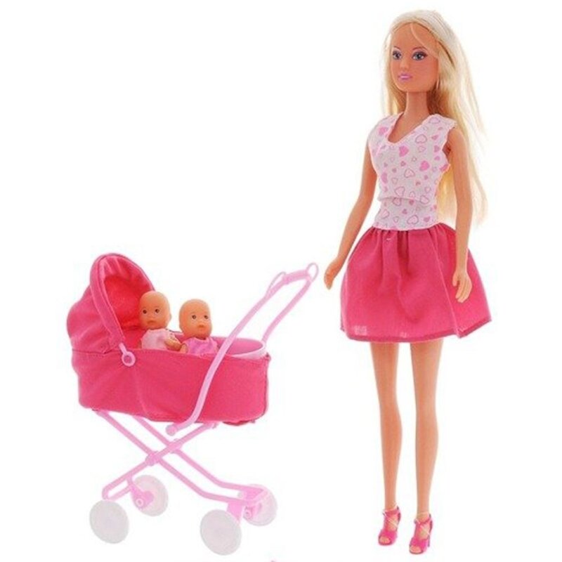 Simba - papusa steffi love sunshine twins 29 cm roz cu carucior si accesorii