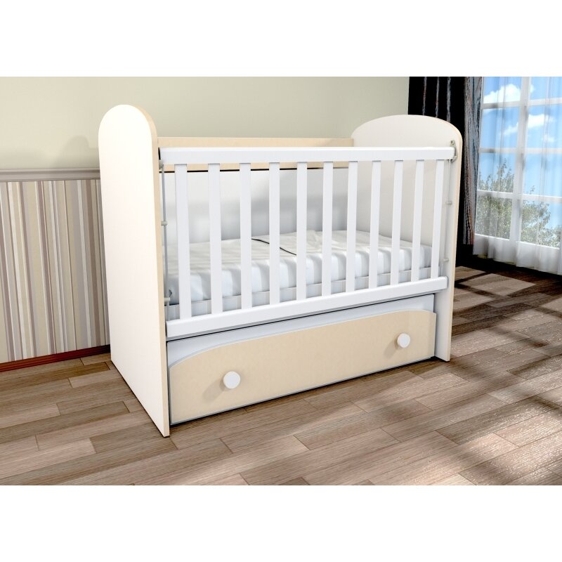 MyKids - Patut cu sistem de leganare cu sertar Diana 1, 120x60 cm, Alb/Bej