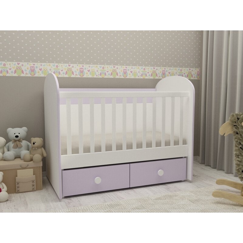 MyKids - Patut cu sistem de leganare cu sertar Diana 2, 120x60 cm, Alb/Violet