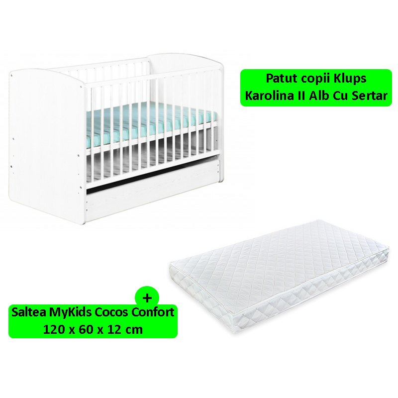 Klups - patut cu sertar karolina ii alb + saltea 12 mykids