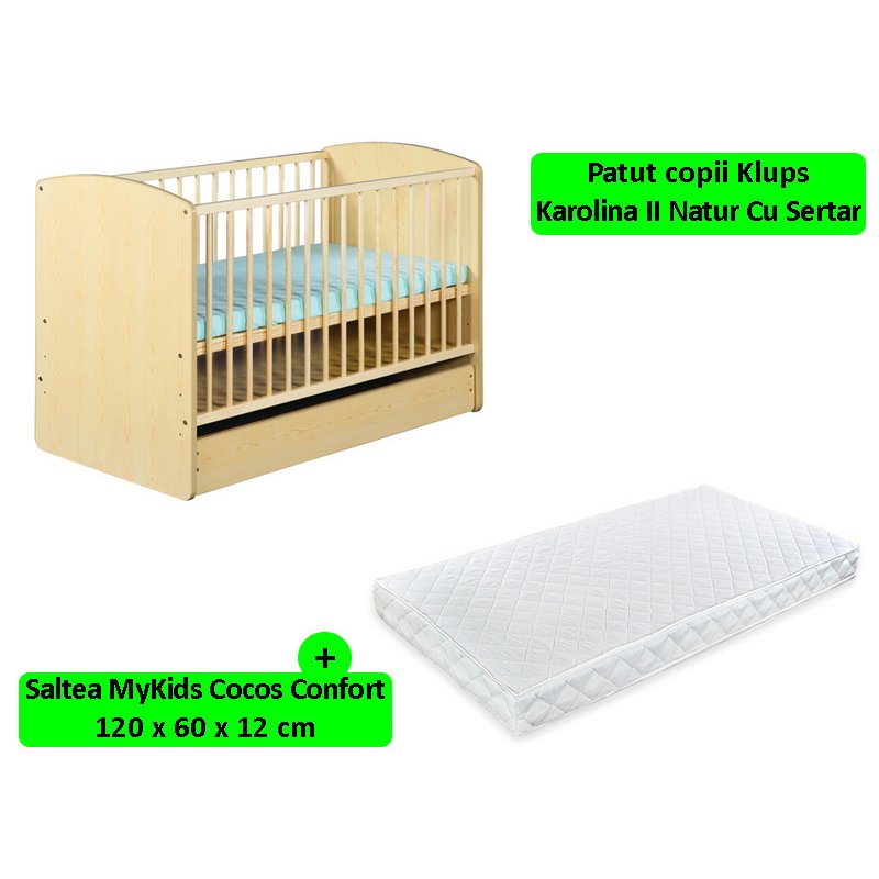 Klups - patut cu sertar karolina ii natur + saltea 12 mykids