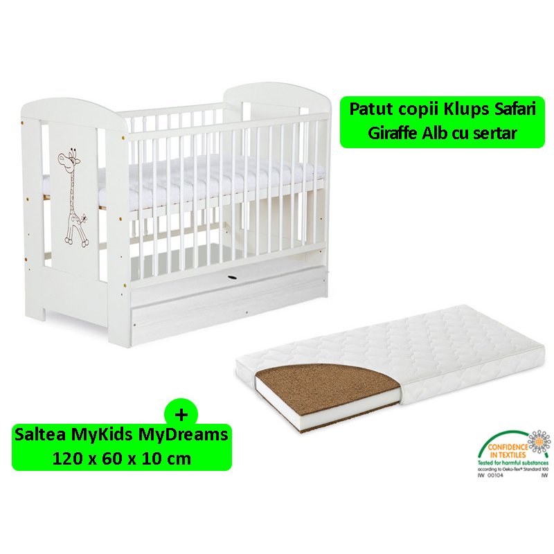 Klups - patut cu sertar safari giraffe alb + saltea 10 mykids mydreams ii