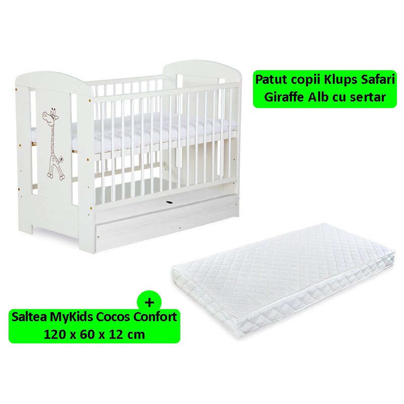 Klups patut cu sertar safari giraffe alb + saltea 12 mykids