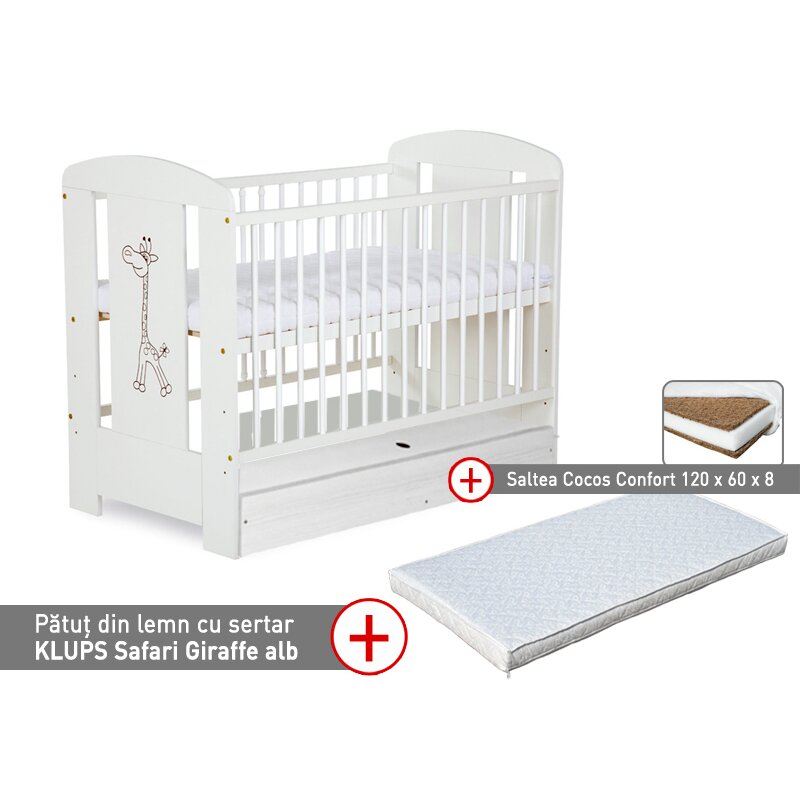 Klups - patut cu sertar safari giraffe alb + saltea 8 confort ii