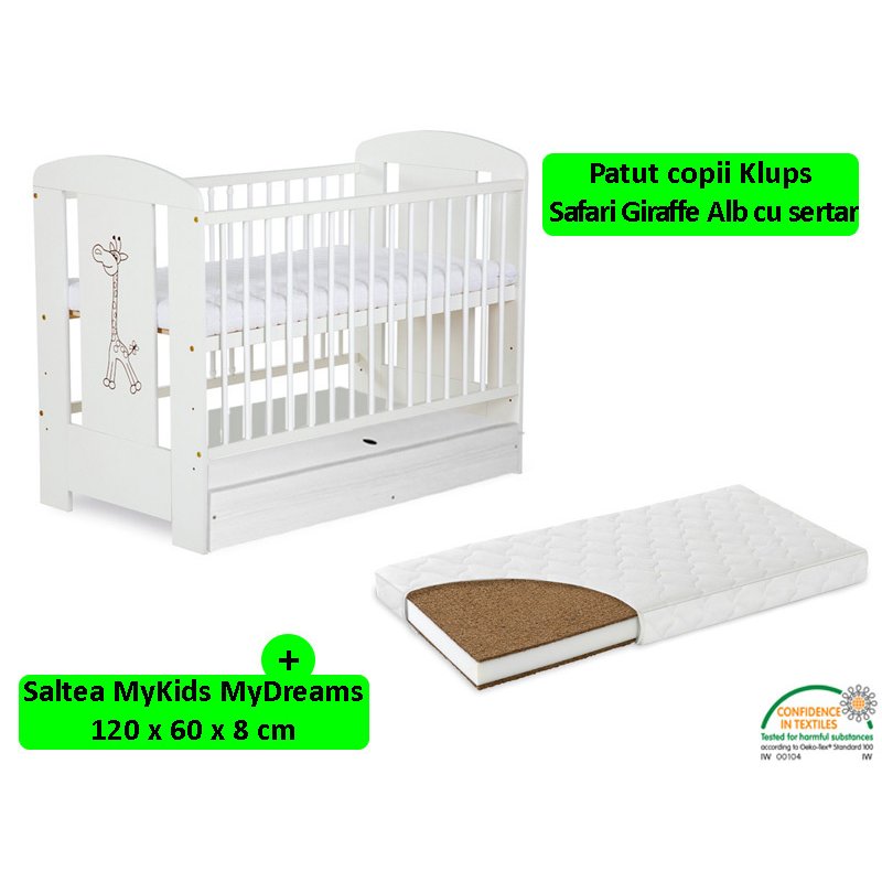 Klups - patut cu sertar safari giraffe alb + saltea 8 mykids mydreams ii