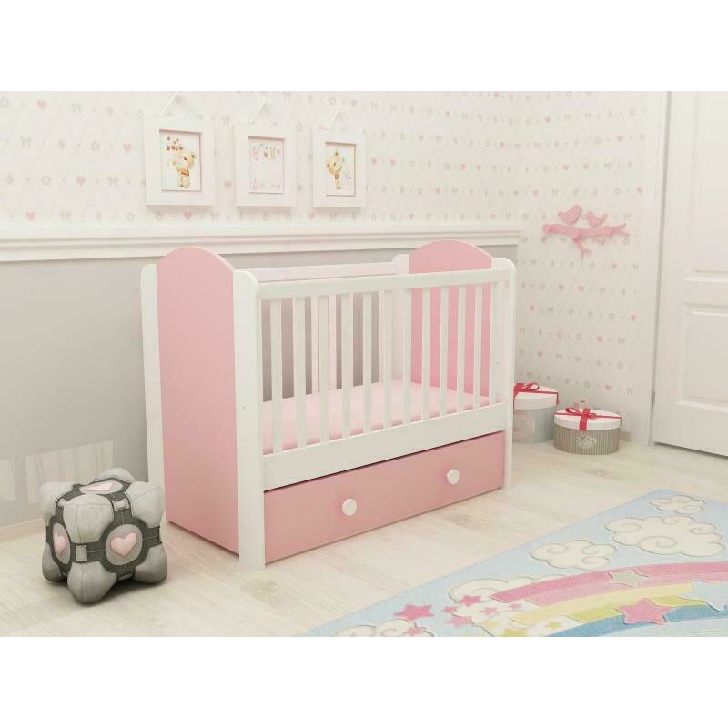 Mykids - patut cu sistem de leganare cu sertar happy, 120x60 cm, alb/roz