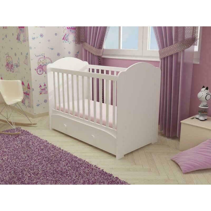 Mykids - patut din lemn cu sertar miki, 120x60 cm, alb
