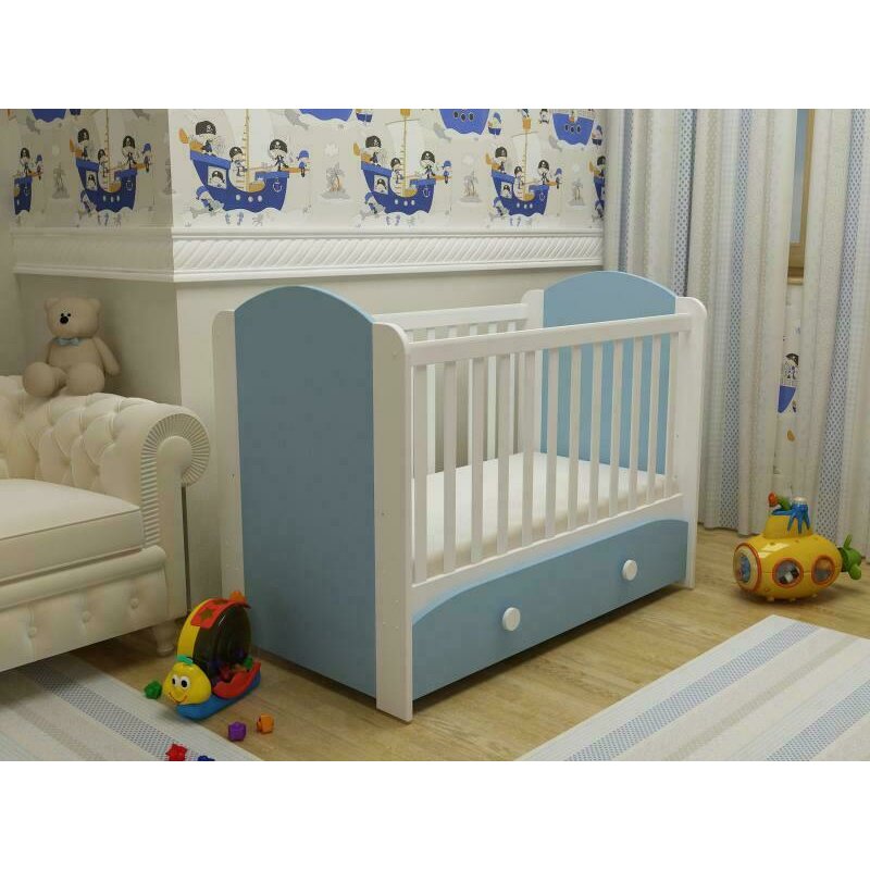 Mykids - patut din lemn cu sertar miki, 120x60 cm, alb/albastru