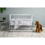 Patut din lemn bebe, 120x60 cm, Cu laterala culisanta, Din lemn de pin, Stabil si rezistent, Inaltime saltea reglabila pe 3 nivele, Laterala cu 3 bete detasabile, EN716-1, EN716-2, Alb, Qmini, Maya + Saltea 8 cm - 5