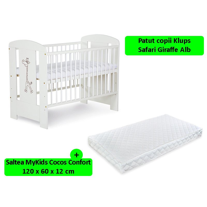 Klups - patut safari giraffe alb + saltea 12 confort ii