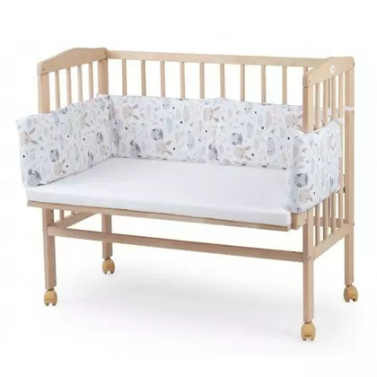 Patut pentru copii 2in1, 90 cm x 55 cm, lemn de fag, vopsea certificata, roti blocabile, laterala detasabila, co-sleeping, Saltea inclusa, Aparatoare laterala din bumbac, Waldin, Natural, Cover, P8