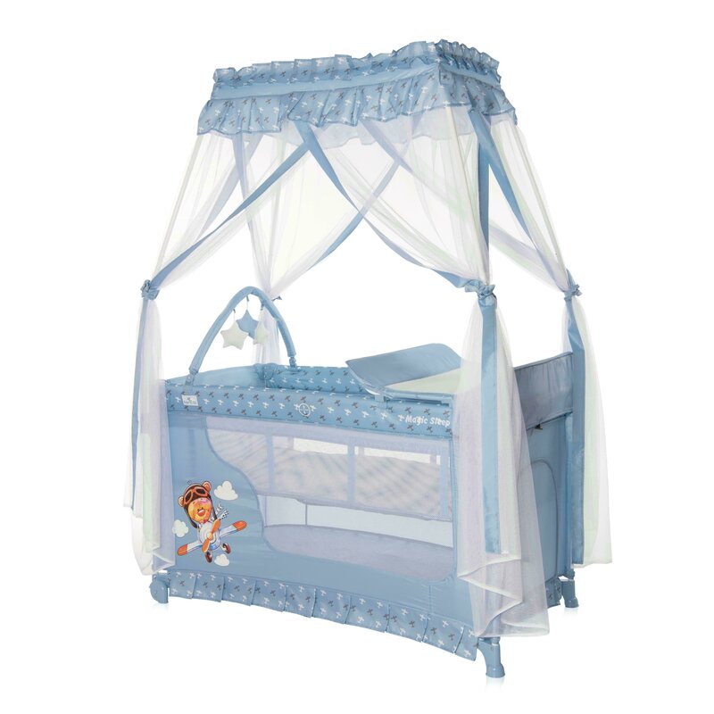Lorelli - patut pliant cu doua nivele magic sleep stil baldachin adventure, 120x60 cm, albastru