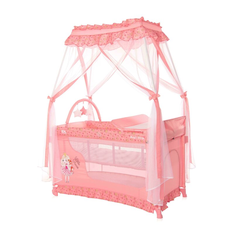 Lorelli - patut pliant cu doua nivele magic sleep stil baldachin princess, 120x60 cm, roz