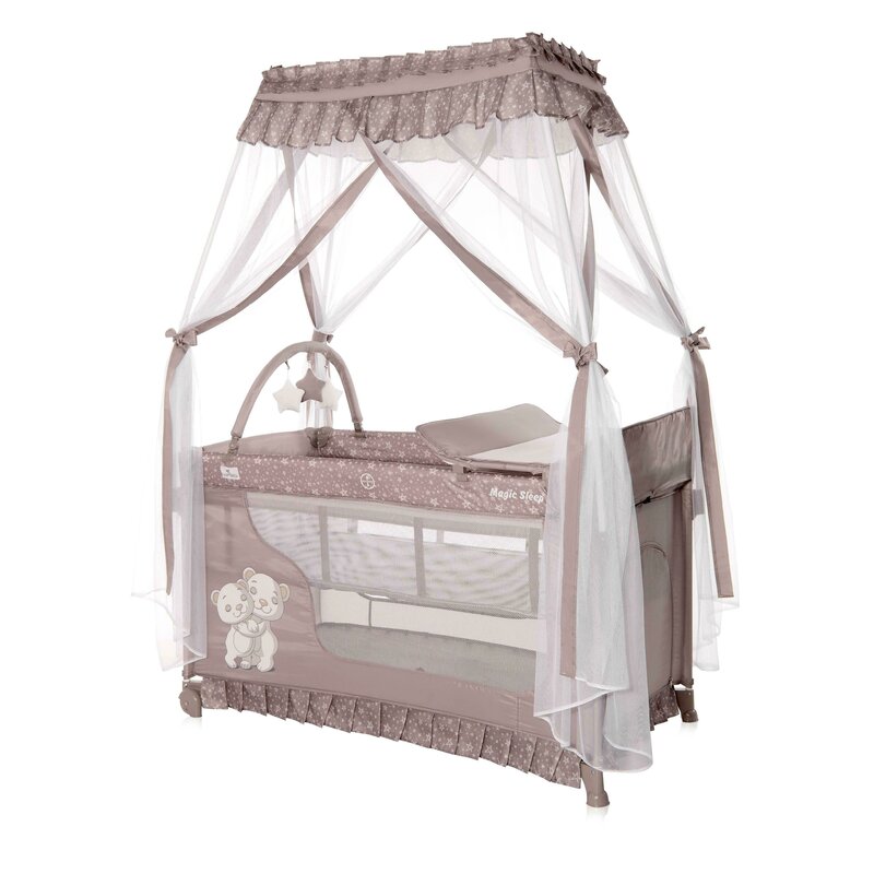 Lorelli - patut pliant cu doua nivele magic sleep stil baldachin string hug, 120x60 cm, bej
