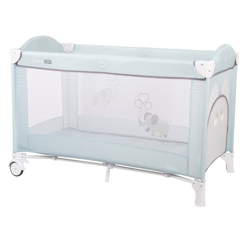 Patut pliant bebe, 120x60 cm, Cu un nivel, Cu intrare laterala cu fermoar, 2 roti, Conform cu standardul european de securitate EN 716-1:2017+AC:2019, Elephant Dusty Mint, FreeON, Ballon