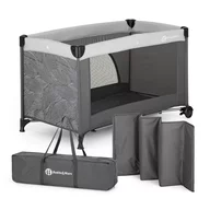 Patut pliant, Petite&Mars, Nyja, 120 x 60 cm, Cu roti, Functie de tarc, Pliere compacta, Include geanta de transport, Intrare laterala cu fermoar, Pereti din plasa, Pana la 15 kg, 0-30 luni, Gri