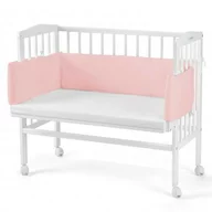 Patut suplimentar 2in1 pentru copii, Waldin, 90 cm x 55 cm, lemn de fag, vopsea certificata, roti blocabile, laterala detasabila, co-sleeping, Saltea inclusa, Alb cu Aparatoare Roz