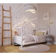 Patut tip casuta din lemn junior, 160x80 cm, Din lemn certificat FSC, Transformabil in casuta de joaca, Cu bariera de protectie, In stil scandinav, Alb, YappyKids, YappyHytte Bed