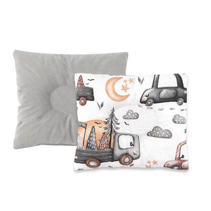 Perna bebelus, MimiNu, Profilata, Cu doua fete, Cu functie anti-soc, Pufoasa, Din catifea si bumbac, Materiale certificate Oeko Tex Standard 100, 23x26 cm, Velvet Cars Grey