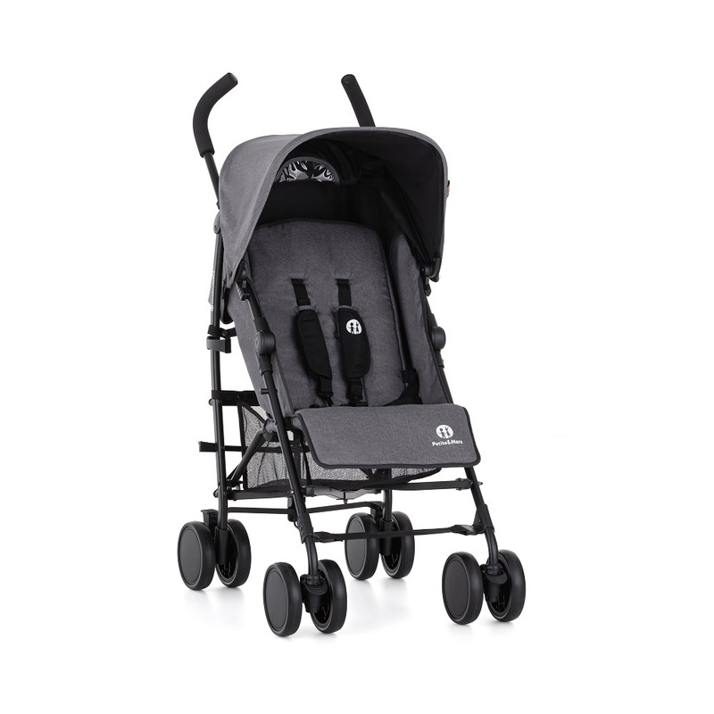 Carucior sport, Petite&Mars, Musca, Cu spatar reglabil, Capotina XXL, Usor, 7.9 kg, 6 luni+, Conform cu standardul european de securitate EN 1888:2018, Gri