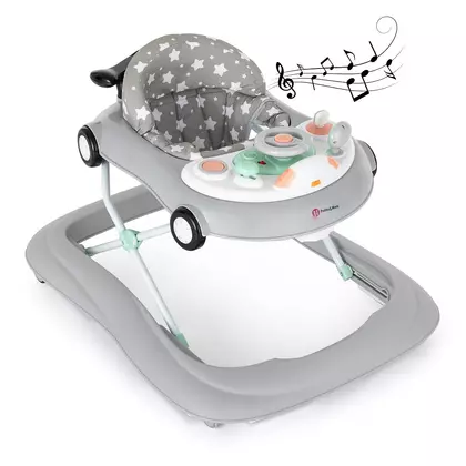 Premergator muzical, Petite&Mars, Cu panou interactiv si lumini Cabrio, Inaltime reglabila pe 3 pozitii, 6 luni+, Gri