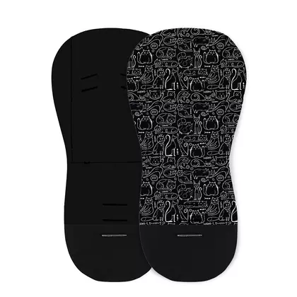 Salteluta pentru carucior, Petite&Mars, Din spuma cu memorie, 86 x 42 cm, Reversibila, Universala, Din bumbac, Design pisici, Negru