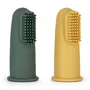 Set 2 periute de dinti pentru deget, Petite&Mars, Cu peri moi, Silicon, Include cutie depozitare, 0 luni+, Galben/Verde