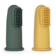 Set 2 periute de dinti pentru deget, Petite&Mars, Cu peri moi, Silicon, Include cutie depozitare, 0 luni+, Galben/Verde