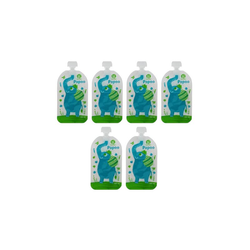 Set 6 pungi reutilizabile, Petite&Mars, Pentru hranire, Cu elefantei, Inchidere ermetica, 20x10 cm, 150 ml, Papoo Albastru