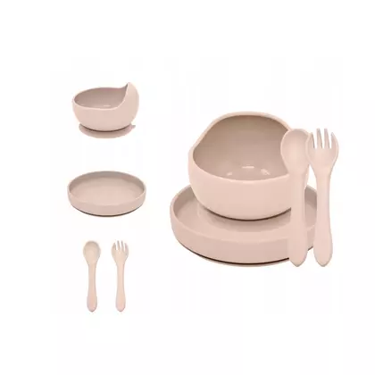 Set de hranire, Petite&Mars, Cu farfurie, Bol si tacamuri, Din silicon fara BFA, Bej