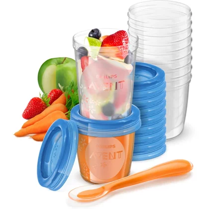 Set 20 recipiente, Philips Avent, 10x180 ml, 10x240 ml, Cu lingurita pentru intarcat, 10 buc- 180 ml, 10 buc- 240 ml, Transparent