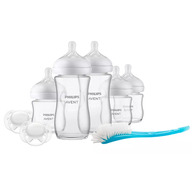 Set pentru nou-nascuti, Philips Avent, 5 biberoane anitcolici + 2 suzete + 1 perie de curatat, Din sticla, 3x120 ml, 2x260 ml, Natural Response, 0 luni+, Alb