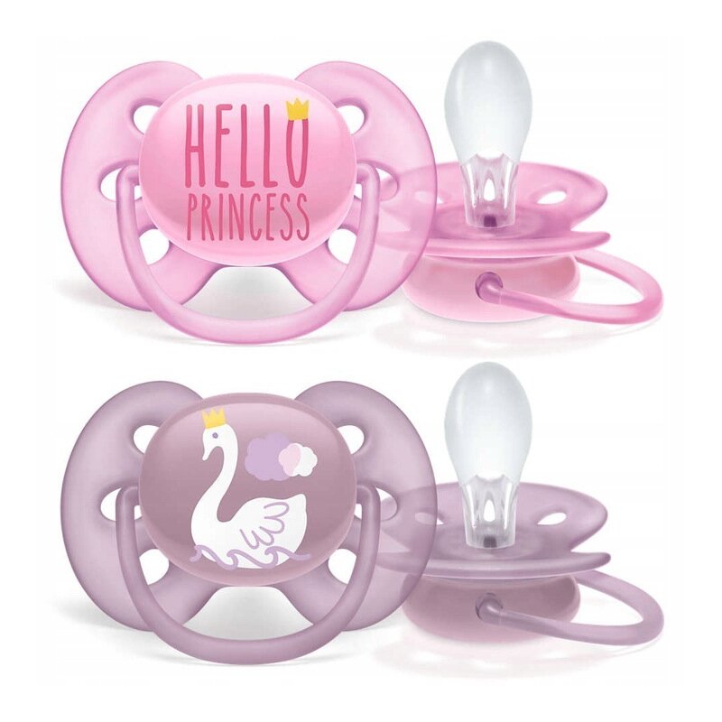 Philips avent - set suzete hello princess/swan , ultra soft , 6-18 luni, ortodontice, fara bpa din silicon, roz