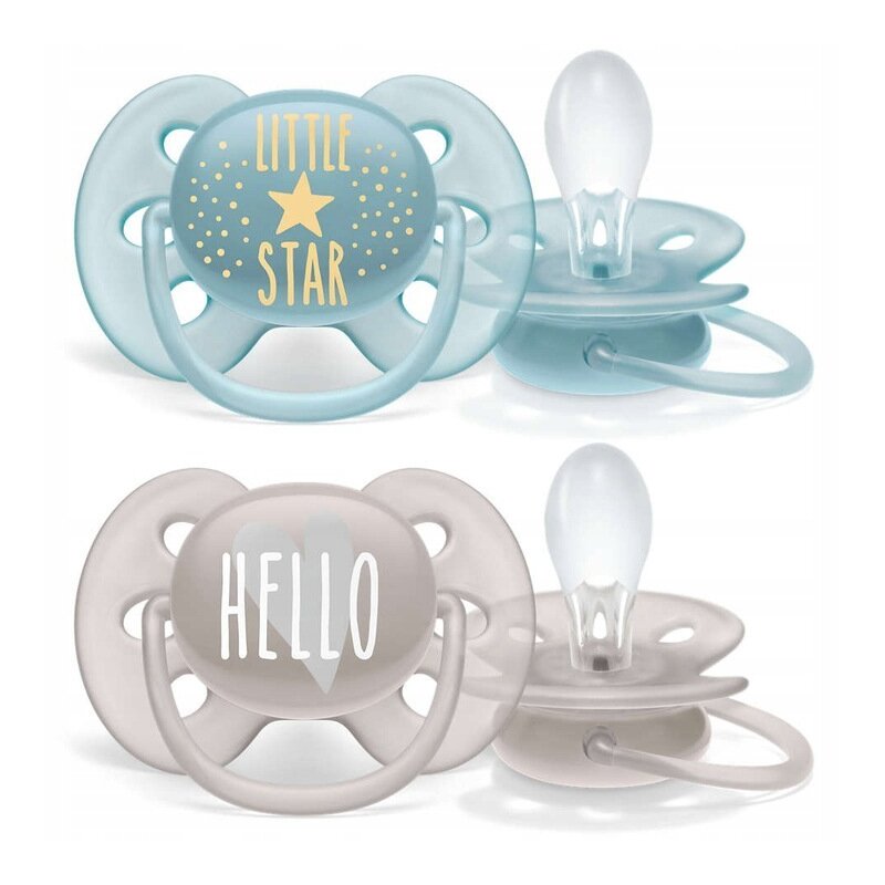 Philips avent - set suzete little star/hello , ultra soft , 6-18 luni, ortodontice, fara bpa din silicon, albastru/gri