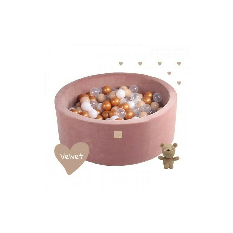 Meowbaby® - piscina cu bile catifea transparent, auriu, 250 bile de 7 cm teddy bear, 90x40 cm, alb/bej
