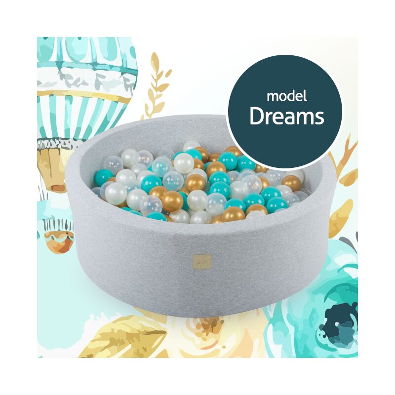 MeowBaby® - Piscina cu bile Dreams, Cu 250 bile, Alb perlat Transparent Auriu Turcoaz, 90x30 cm, Gri
