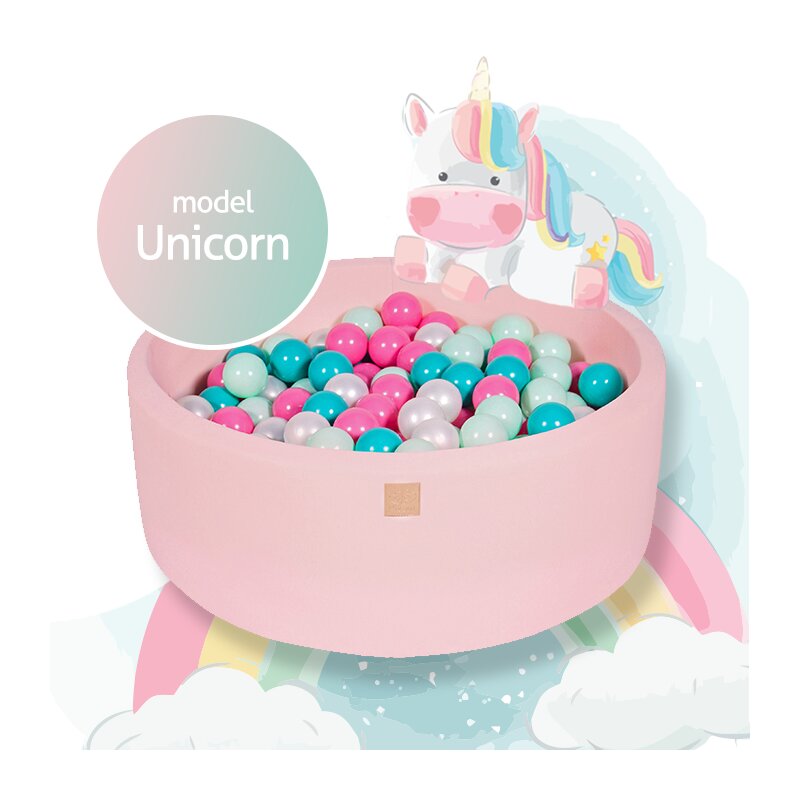 Piscina uscata cu 250 de bile (Alb perlat, Turcoaz, Roz pastel, Mint) MeowBaby , Unicorn, 90x30 cm, Roz deschis