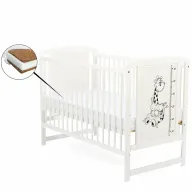 Patut din lemn bebe, 120x60 cm, Din lemn de pin si mdf, Stabil si rezistent, Inaltime saltea reglabila pe 3 nivele, Laterala cu 3 bete detasabile, EN716-1, EN716-2, Alb, Babyneeds, Timmi Girafa + Saltea 12 cm