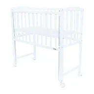 Patut din lemn bebe, 90x40 cm, Cu laterala culisanta, Cu roti, Certificat lemn FSC, Conform cu standardele de siguranta EN 716-1:2008, EN 716-2:2008, White, New Baby, Mateo