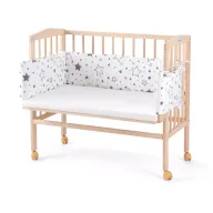 Patut pentru copii, Waldin, 2in1, 90 cm x 55 cm, lemn de fag, vopsea certificata, roti blocabile, laterala detasabila, co-sleeping, Saltea inclusa, Aparatoare laterala din bumbac, Natur, Cover, SMIX