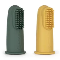 Set 2 periute de dinti pentru deget, Petite&Mars, Cu peri moi, Silicon, Include cutie depozitare, 0 luni+, Galben/Verde