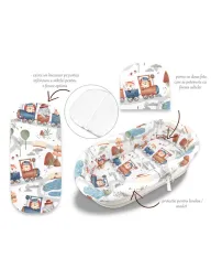 Set pentru landou/cosulet, MimiNu, Cu protectie, saltea si pernuta, Din bumbac certificat Oeko Tex Standard 100, Design, Zoo in train