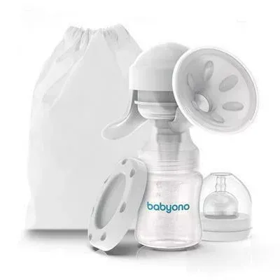 Pompa de san manuala, BabyOno, Cu biberon de 150 ml si tetina 0 luni+, Cu saculet pentru depozitare, Fara BPA, Mod silentios, Alb