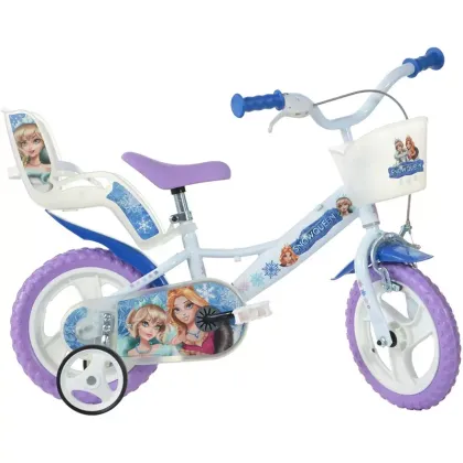 Bicicleta cu pedale, Dino Bikes, Craiasa Zapezii, Cu roti ajutatoare, Cu cosulet frontal, Cu scaunel pentru papusa, 12 inch, Pana la 40 kg, 3 ani+, Multicolor