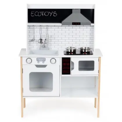 Bucatarie din lemn cu sunete, accesorii si LED-uri Ecotoys PLK537